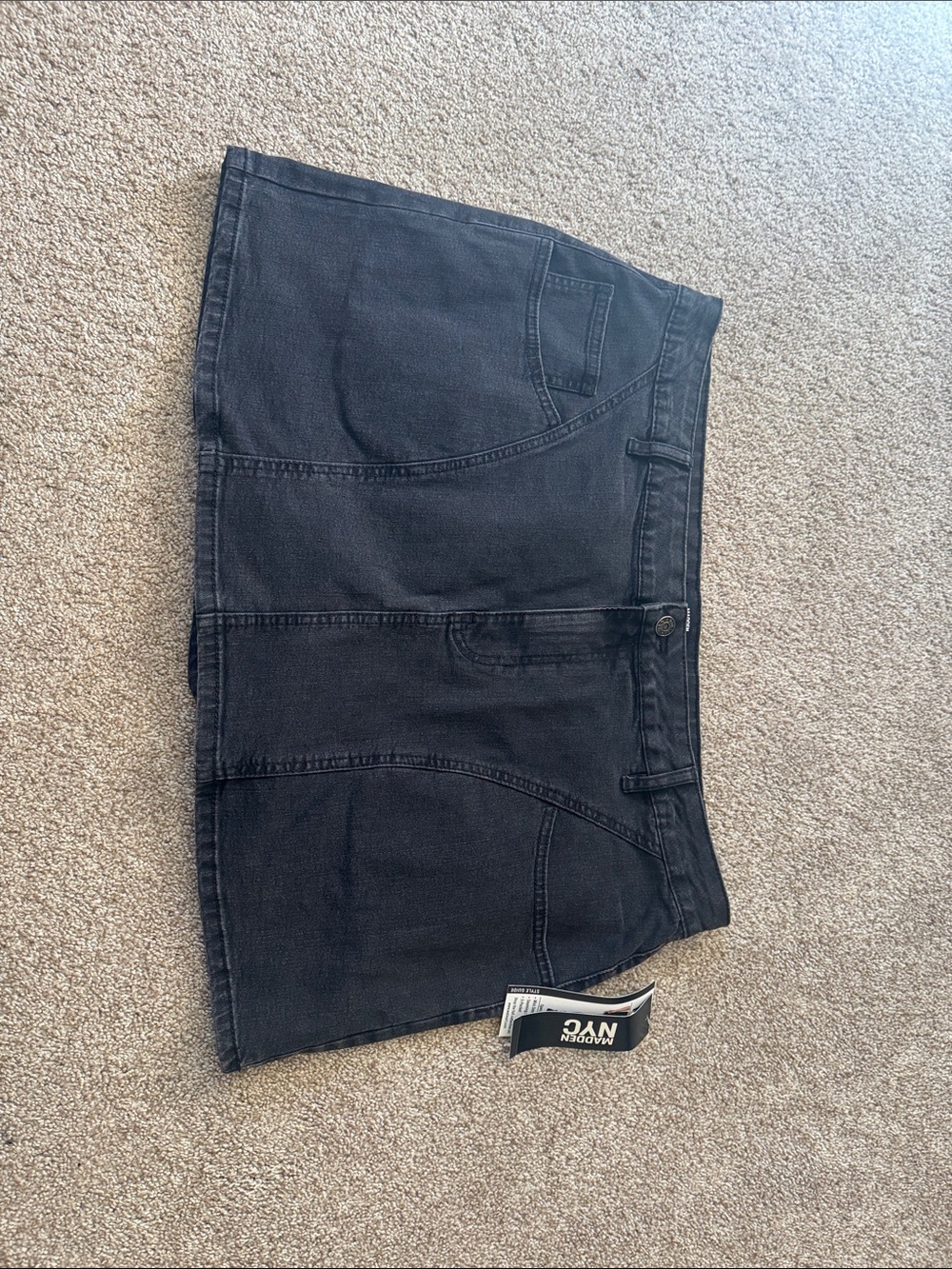NYC Black Denim Mini Skirt with Front Patch Pockets